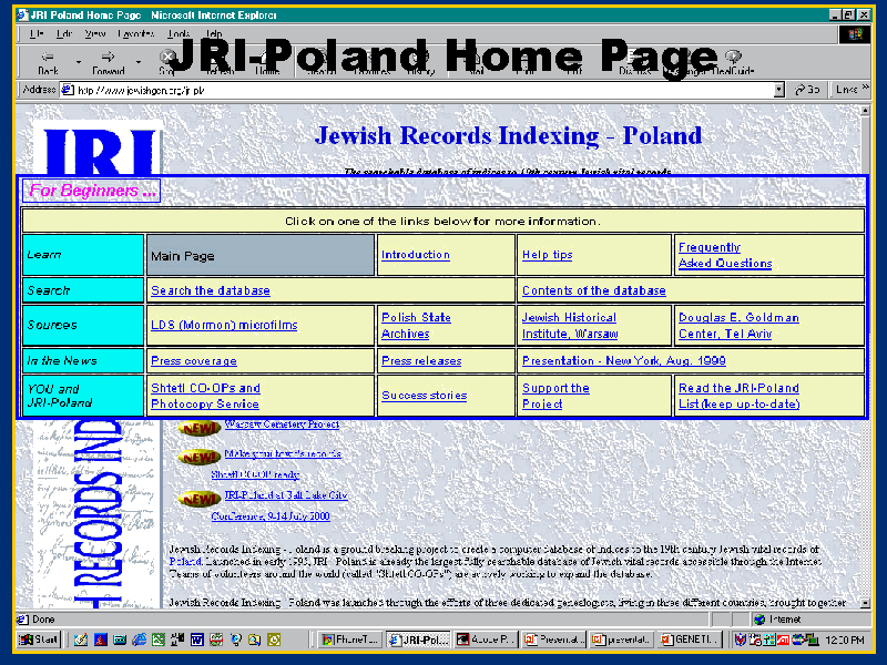 Screenshot of JRI-Poland Home Page - From IAJGS 2000 Presentation