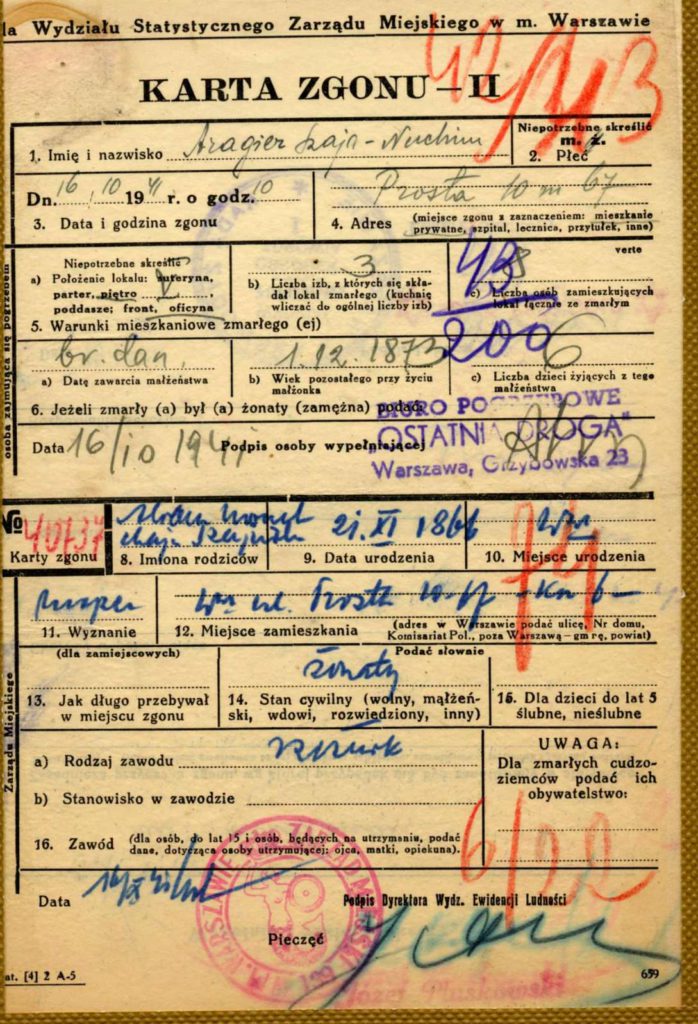 warsaw ghetto death card sample